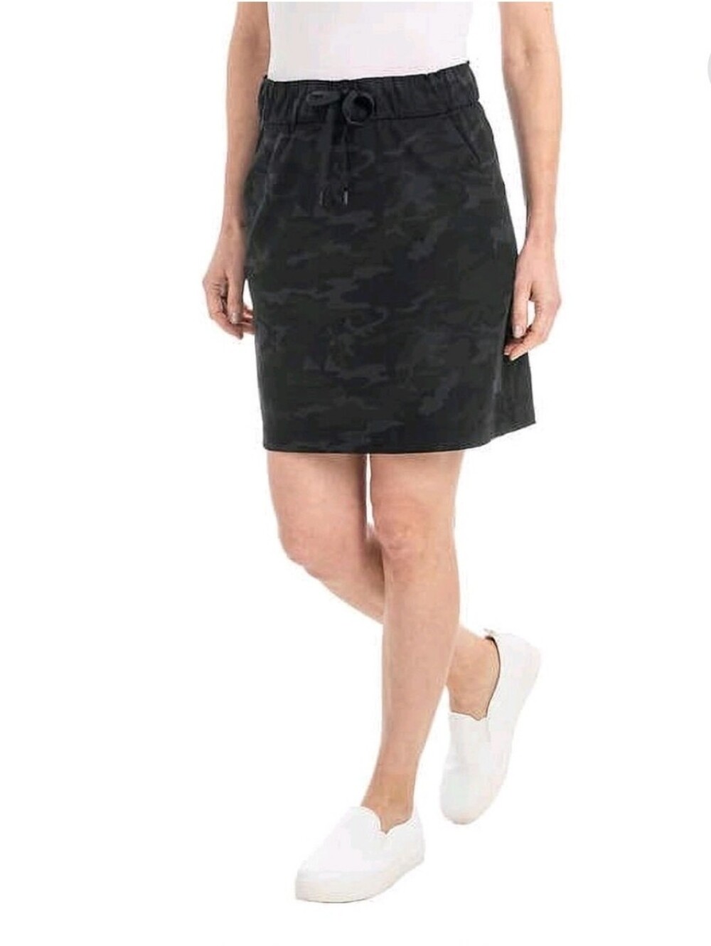 Hilary Radley Women Pull-On Skirt Pockets Tie Drawstring Black Gray Drawstring M